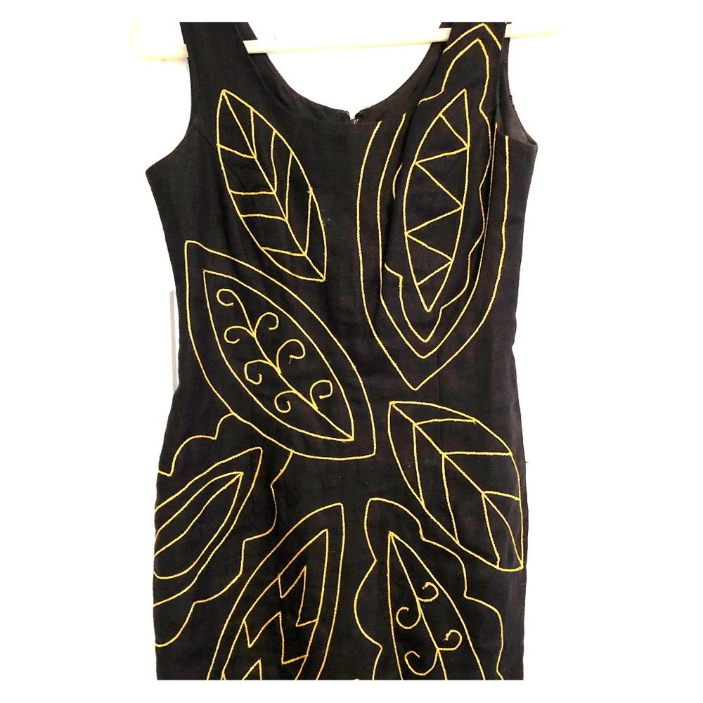 Black and gold leaf embroidered vintage mini dress